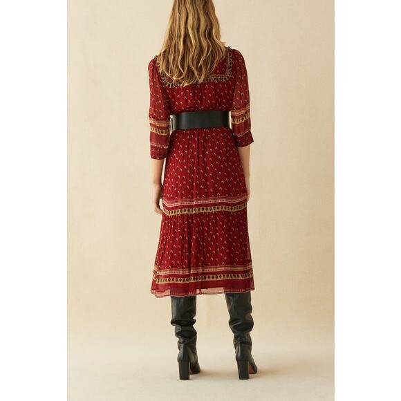 NWT BA&SH Bari Boho Print Gerogette Midi Dress in Carmin Sz 1 US 6 - Picture 11 of 12